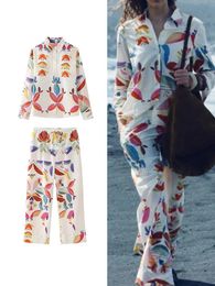 TFMLN 2024 Women Pant Suits Print Long Sleeve Vintage Shirt Vrouw Losse broek Blouse Holiday Beach Style 2 Pieces Sets 240329