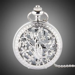 Reloj de bolsillo TFO con pétalos huecos de plata, colgante con diseño de sirena de baile envolvente, collar de regalo de moda para mujer 262a