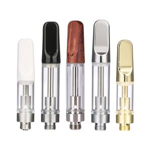 TH205 Cartouches Golden Vape 0,5 ml 1,0 ml Atomiseurs de réservoir en verre Or Argent Bois Drip Tips 510 Fil épais Huile Céramique Bobine Chariots de vapeur Bouchon à vis emballé dans de la mousse