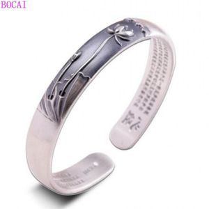 Brazalete de plata tailandesa para mujer, adorno de mano budista, joyería pura 999, pulsera de corazón de loto Sutra