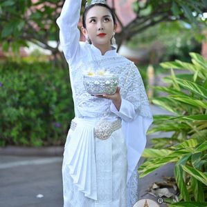 Thailand Prinses Traditionele Kledingstuk Stadium Slijtage Vrouwen Stand Kraag Lange Mouw Kostuum Jas + Rok Thaise Dai Dagelijks Welkom Werkkleding