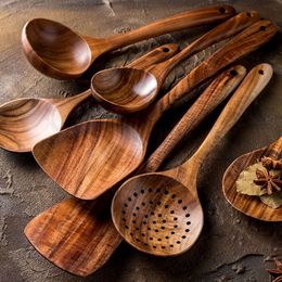 Vajilla de madera Natural de teca tailandesa, cuchara volteadora, colador largo de arroz, espumadera de sopa, cucharas de cocina, juego de herramientas de cocina