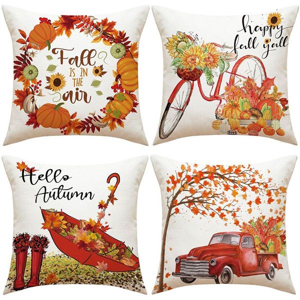 Funda de almohada de calabaza y otoño de Acción de Gracias, funda de cojín decorativa de lino otoñal para sofá, cama, coche, 45x45cm