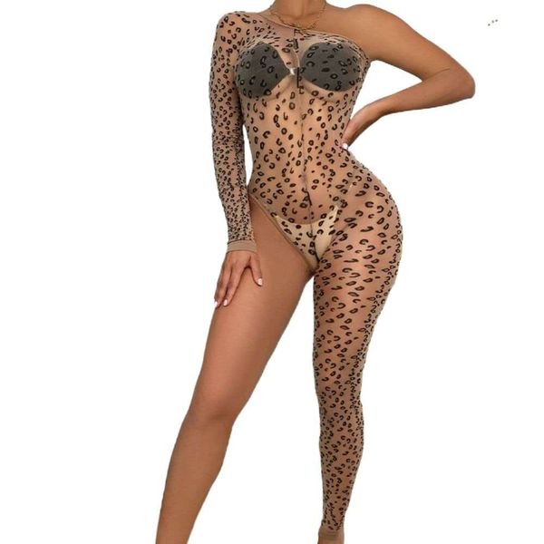 Thankky Femmes Résille Bodystocking Sexy Lingerie Cosplay Une Épaule Discothèque Body Imprimé Léopard