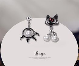 Thaya 925 boucle d'oreille en argent Sterling mignon noir chat patte goujon Style japonais pour les femmes oreille mode bijoux fins 2106187316575