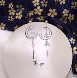 Thaya 925 Silver Silver Earge Brouille à largeur Bamboo Crescent laisse le style japonais pour les femmes bijoux fins 2106167086460