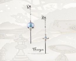 Thaya Style chinois asymétrie bleu Lotus bijoux 925 boucles d'oreilles en argent conception originale pour les femmes spécial bijoux fins CX2006245358480