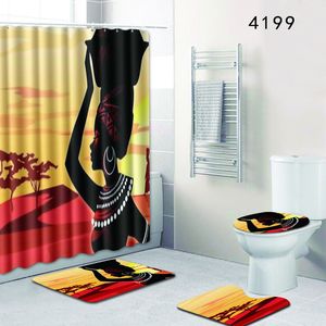 Les 4 ensembles tapis de salle de bain tapis rideau de douche femme africaine housse de siège de toilette salle de bain tapis antidérapant et rideau de douche