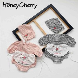De baby bodysuits plaid driedelige hoed geborduurde schorten meisje kleding geboren 210702