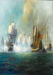De slag bij Trafalgar met oorlogsschepenPure Handwerk Zeegezicht Kunstolieverfschilderij Huismuurdecoratie op hoogwaardig canvas op maat 9949398