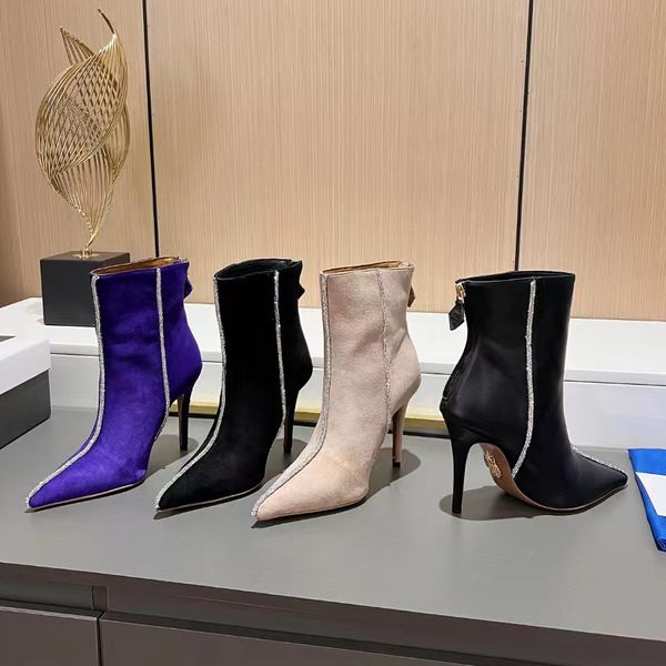 Los mejores Botines AQUAZZURA para mujer, bota de moda puntiaguda de tacón alto de 10,5 cm, botas informales con cremallera trasera, medias botas, zapatos de diseñador, gamuza de piel de oveja, bota de caballero con diamantes de imitación