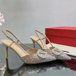Las mejores marcas Slingbacks Women Sandalias de tacón alto Decoración de cristal de gradiente Correa de tobillo puntiagudas zapatos de boda de diseño de moda de diseño de moda