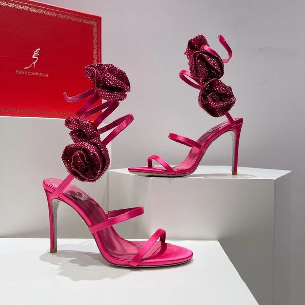 Le meilleur Rene Caovilla sandales à talons hauts femmes serpent enveloppé bride à la cheville chaussures de créateur de luxe mode strass fleur décoration chaussure de mariage