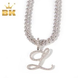THE BLING KING lettres cursives avec 9mm glacé chaîne cubaine brosse zircon cubique nom initial breloque collier Hiphop bijoux 240115