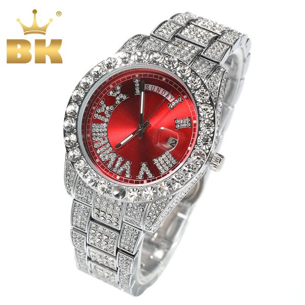 THE BLING KING Reloj de doble movimiento para hombre con esfera grande, reloj de cuarzo con diamantes de imitación de lujo, relojes de pulsera impermeables para negocios 240115
