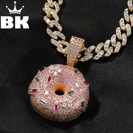 De bling king roze ijzige donut hanger ketting voor vrouwen geplaveide kleurrijke kristal charme 9 mm cz cubaanse ketting schattige y2k sieraden