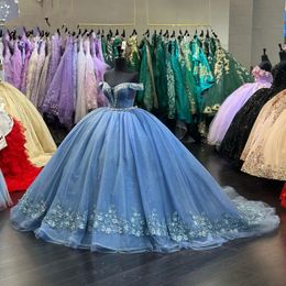 De blauwe schouder van Quinceanera -jurken Ball Jurk Floral Appliques Lace Bow Back Corset voor zoete 15 meisjesfeest