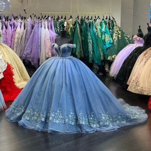 L'épaule bleue au large de Quinceanera robes de bal robe de bal appliques florales en dentelle Back arrière corset pour sweet 15 filles fête