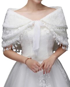 Witte faux bont sjaals bruiloft luxueuze bont lint tie capelet voor bruidsophalde met kanten kwastje