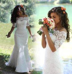 L'élégante épaule dénudée robes De sirène dentelle Applique manches courtes balayage Train grande taille pays robe De mariée Vestido De Novia