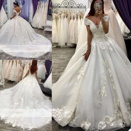 Het elegante schouderkant met off -jurken applique korset terug sweep trein op maat gemaakte kasteel bruiloft bruidsjurk vestido de novia
