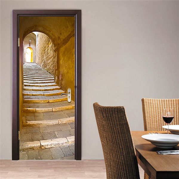 Pegatinas de puerta de pared de escaleras de piedra de estilo europeo, papel tapiz autoadhesivo de pvc 3d, decoración impermeable para la puerta de la habitación del hogar