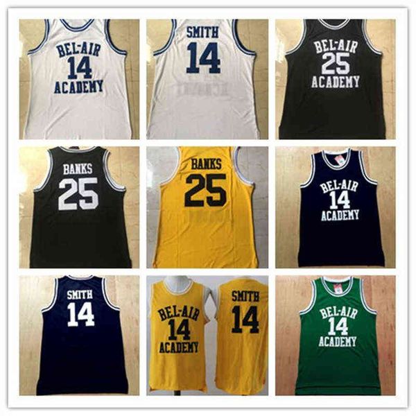 El Príncipe de Bel-Air # 14 Will Smith Jersey Camisetas de baloncesto de la Academia Bel Air 25 Camisetas de Carlton Banks Bck Verde Amarillo Blanco