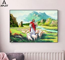 De goede herder Jezus Christus Heilige Lam canvas print het Victoriaanse tijdperk kleurrijke religieuze kunst schilderen Jezus Shepherd Poster Decal3409808