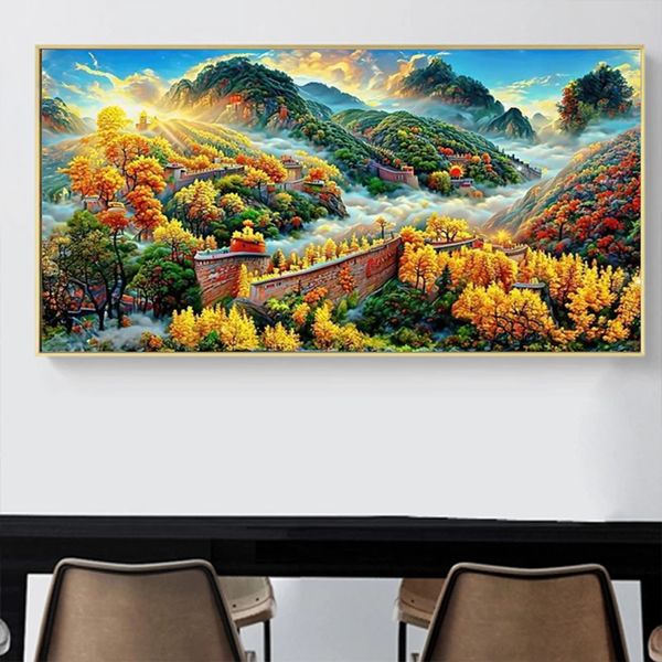 El paisaje chino Great Wall Pintura de diy diy Diy Diamond de montaña llena de hojas rojos de montaña Bordado de diamante Cross Cross Decoración del hogar