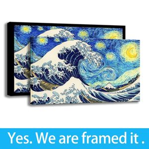 The Great Wave Off Kanagawa Art Home Decor Starry Night HD Print Canvas Olieverfschilderij - Klaar om te hangen - Fraemd