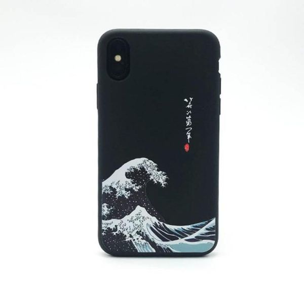 Funda para teléfono con arte japonés The Great Wave off Kanagawa Iphone 66s77s8plusx negro Embosstpu Estilo chino ultrafino3973206