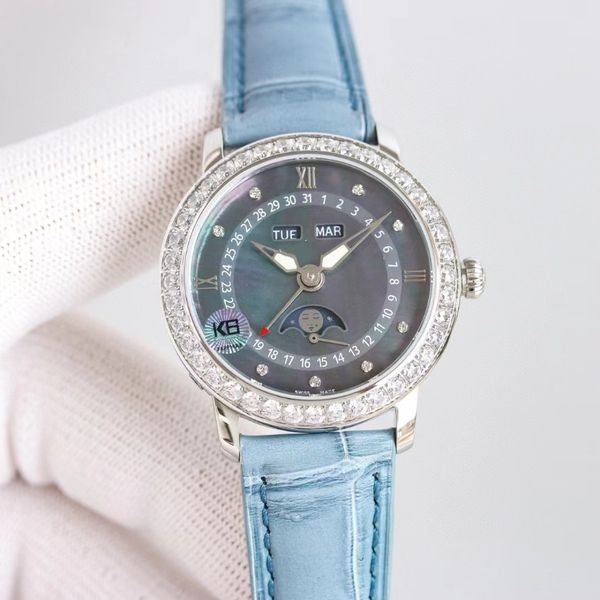 La version la plus élevée de la montre pour femme à disque de nacre naturelle de beauté de la lune entièrement fonctionnelle calendrier complet phase de lune miroir saphir montres de luxe automatiques