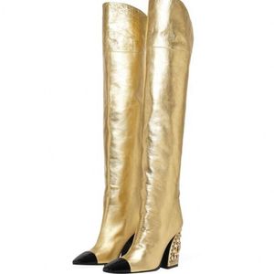 Le genou pour les femmes mode High Chunky Talel Gold Boots Big Taille E