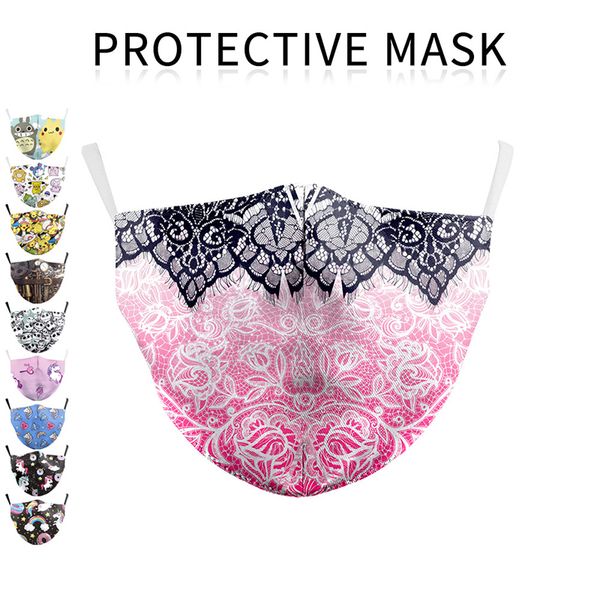 Le motif de dentelle 3D impression masques faciaux réglables Ranibow Unicorn masque de protection anti-poussière avec filtre PM2.5 masques faciaux respirants