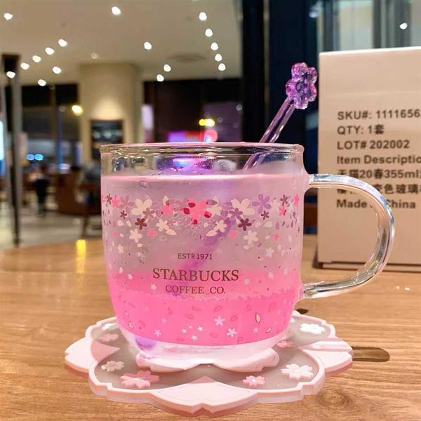 La última taza de café de vidrio Starbucks de 12OZ, flor de cerezo romántica, estilo que cambia de color, taza de agua, caja separada, embalaje support242u