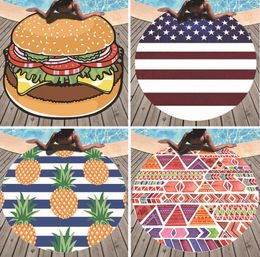 De nieuwste 150 cm ronde gedrukte strandhanddoek, Amerikaanse hamburger pizza -stijl, microfiber kwastjes, zachte aanraking, ondersteuning voor aangepast logo