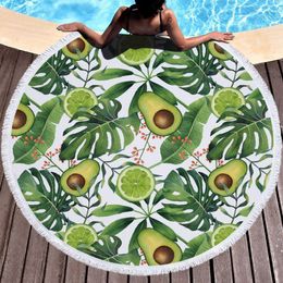De nieuwste 150 cm ronde gedrukte strandhanddoek, avocado fruitstijl, microvezel, kwastjes, zachte aanraking, ondersteuning aangepast logo