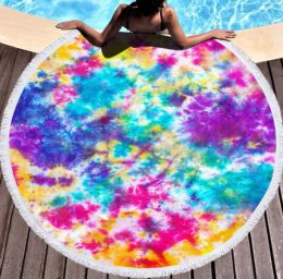 De nieuwste ronde bedrukte strandhanddoek van 150 cm, tie-dye light-stijl, microvezel, kwastjes, zachte aanraking