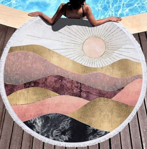 La dernière serviette de plage imprimée ronde de 150 cm, style paysage d'encre européenne, microfibre, glands, toucher doux, prend en charge le LOGO personnalisé