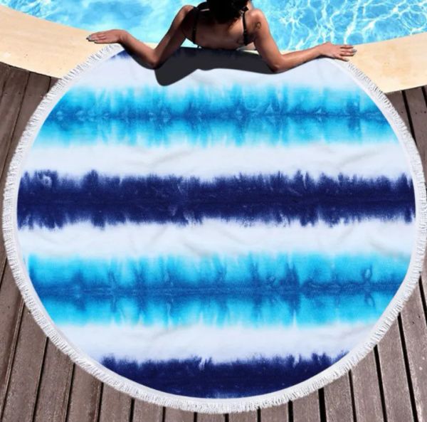 La dernière serviette de plage imprimée ronde de 150 cm, style léger tie-dye, microfibre, glands, toucher doux Simple