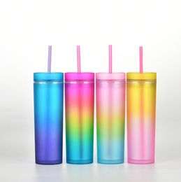 De nieuwste 16 -oz plastic strookkoffie mok met gradiëntkleur en deksel, regenboogstijl waterbeker, doosverpakking, ondersteuning voor aangepast logo