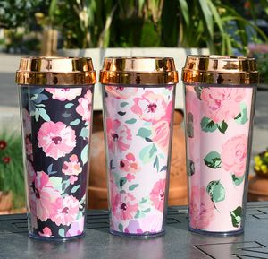 La última taza de café de paja de plástico de 16OZ, taza de agua de estilo de aislamiento térmico con tarjeta floral de moda, compatible con logotipo personalizado