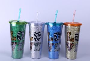 La dernière tasse en plastique de couleur pure de poudre de paillettes universelle créative de 24OZ Drinkware avec de la paille à double couvercle, supporte le logo personnalisé