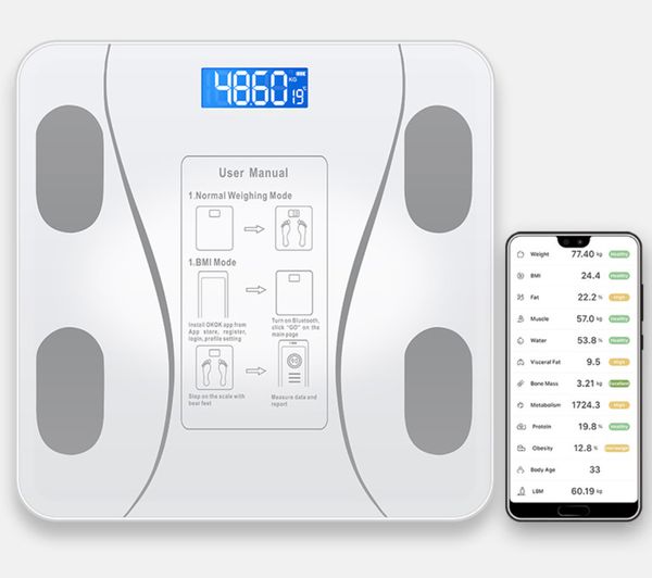 La última báscula de grasa corporal inteligente de 26X26 CM que carga la electrónica Bluetooth en inglés dijo que muchos estilos para elegir son compatibles con el logotipo personalizado