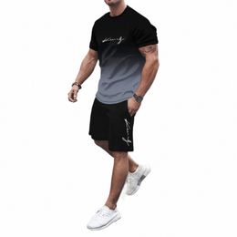 Le dernier T-shirt et short dégradé 3D est un ensemble de vêtements de sport pour hommes à manches courtes et col rond, décontracté et fiable, M8Ro #