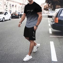 Le dernier ensemble t-shirt et short dégradé 3D pour hommes, haut à manches courtes et col rond, ensemble de vêtements de sport de skateboard décontracté et à la mode 240325