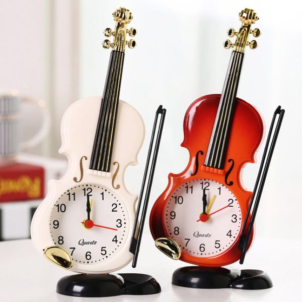 Los últimos relojes de escritorio, reloj despertador de violín, reloj de escritorio con forma de instrumento musical creativo, decoración de sala de estar, soporte de logotipo personalizado