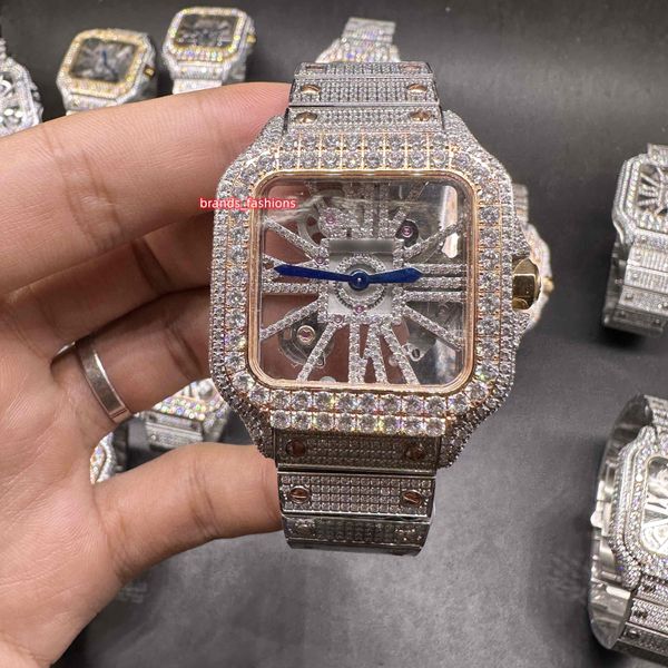 La dernière montre hip hop pour homme en 2023 2 tons boîtier en or rose glacé grande lunette en diamant squelette cadran en diamant montres mouvement à quartz montre-bracelet brillant bon