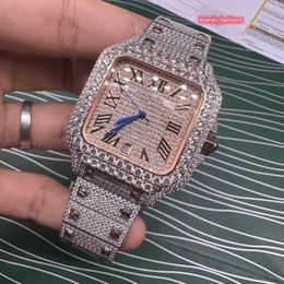 Het nieuwste Iced Out Diamond-horloge voor heren in 2023, grote diamanten rand, volledig diamanten, populair glanzend hiphophorloge, 2-kleurige roségouden kast, automatische beweging