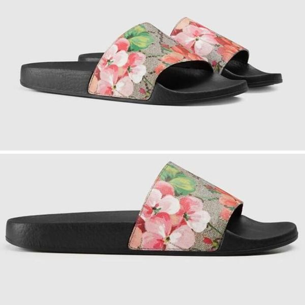 Blooms imprimé pantoufles en toile Broderie Designers femmes Diapositives Sandales Floral Brocade Tongs Rayé Plage En Cuir Fleur Pantoufle Mocassins Avec Boîte 35-46